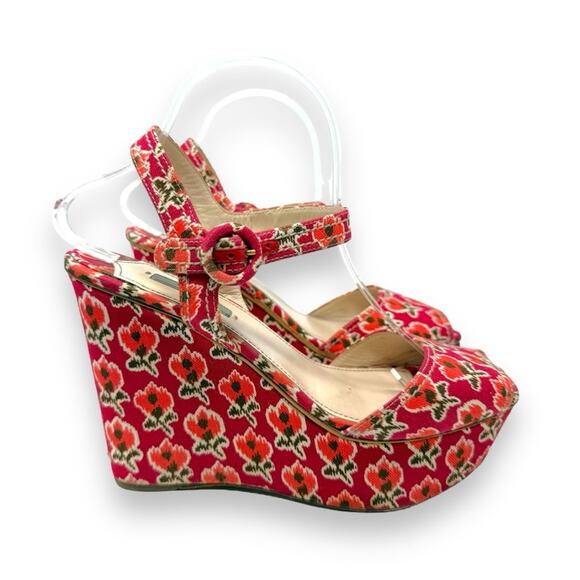Prada Vintage Le Voyageur Collection 2012 Floral Wedge Platform Sandals Red 40.5 - Picture 2 of 16